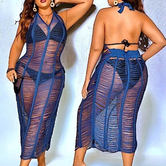 Halter l Blue / White l Soft Stretch l Swimsuit Cover Up, Dress l OX-3X l New - Picture 3 of 10